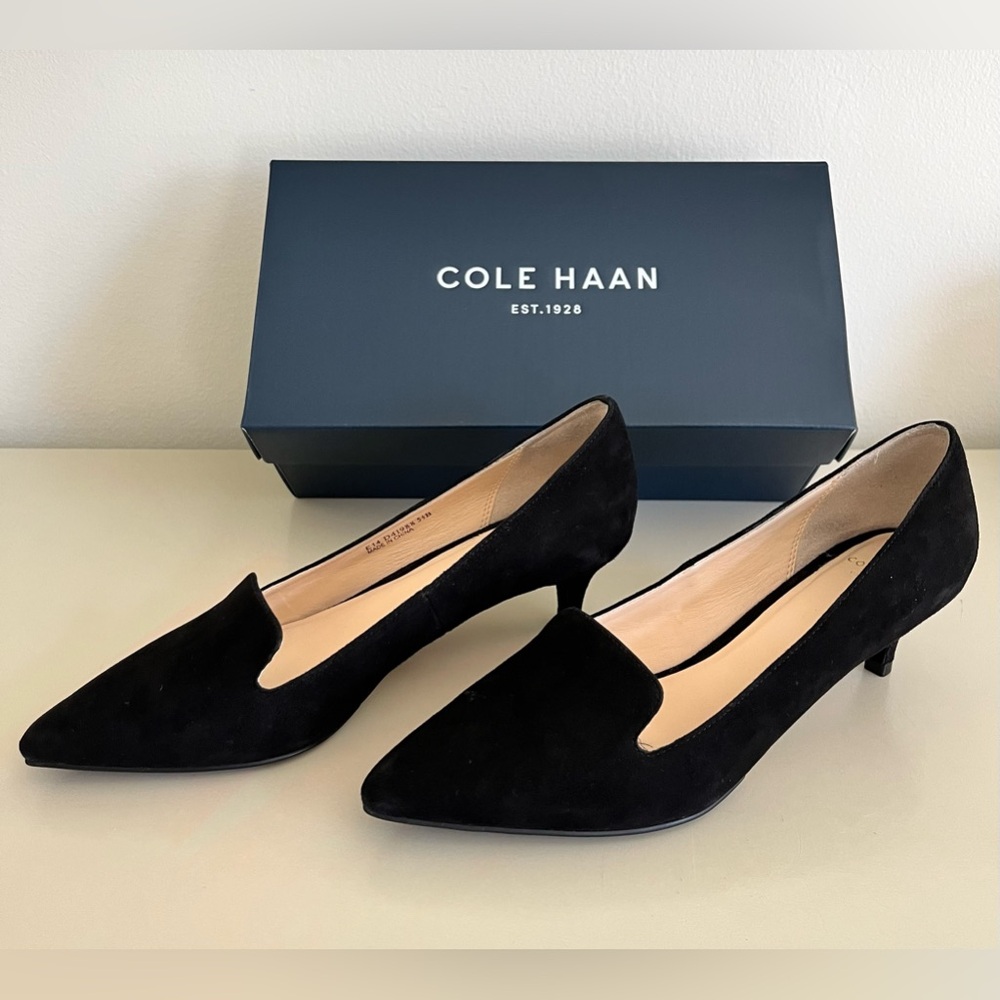 5.5 Cole Haan Zerogrand black suede 1.5” heel loafers never worn